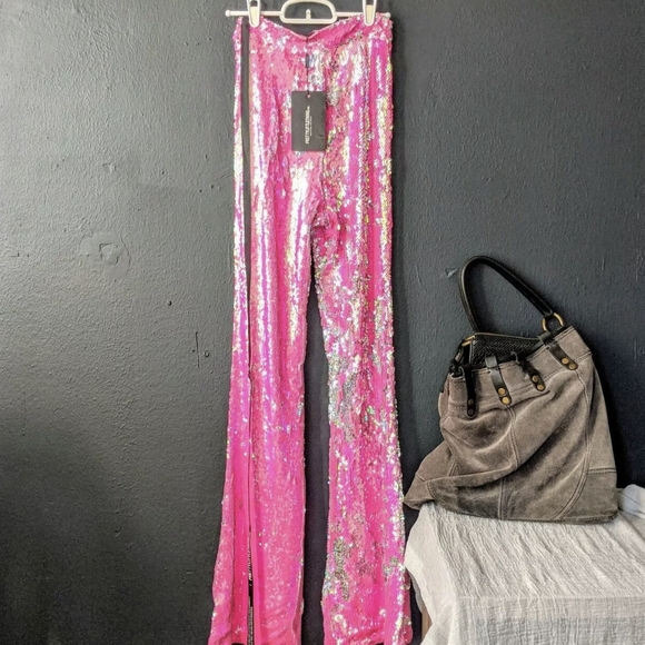 PLT Hot Pink Iridescent Sequin High Waisted Flare Leg Disco Pants XS - Picture 1 of 5